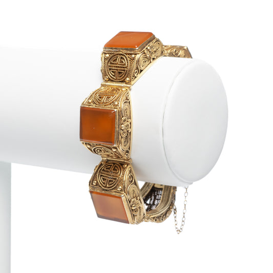 Chinese Silver Gilt & Carnelian Bracelet Filigree Design Vintage Republican (Code A458)