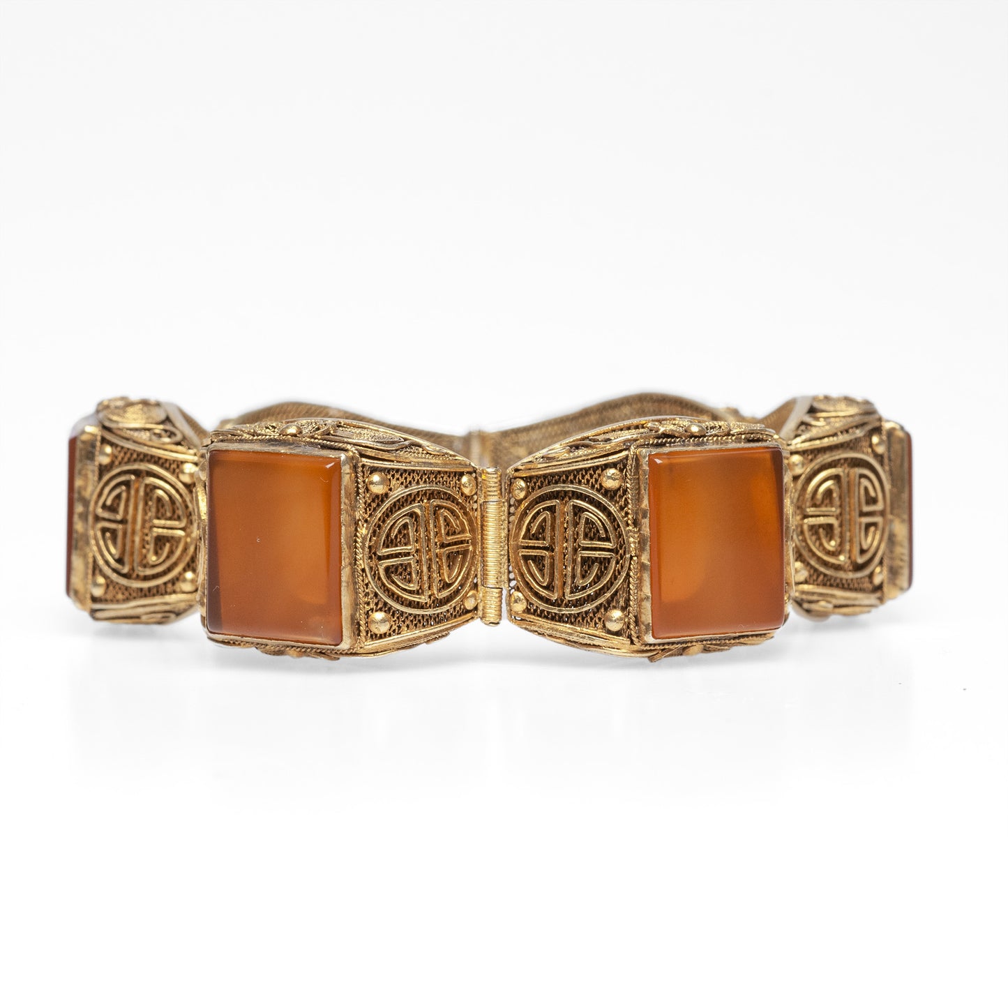 Chinese Silver Gilt & Carnelian Bracelet Filigree Design Vintage Republican (Code A458)