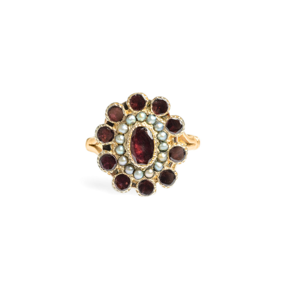 Antique Georgian 22ct Gold Garnet & Seed Pearl Ring - Very Rare Size P1/2 (Code A589)