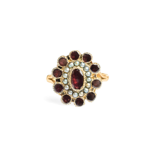 Antique Georgian 22ct Gold Garnet & Seed Pearl Ring - Very Rare Size P1/2 (Code A589)