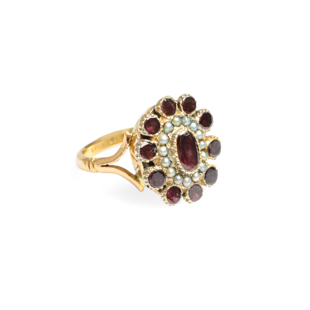 Antique Georgian 22ct Gold Garnet & Seed Pearl Ring - Very Rare Size P1/2 (Code A589)