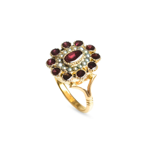 Antique Georgian 22ct Gold Garnet & Seed Pearl Ring - Very Rare Size P1/2 (Code A589)