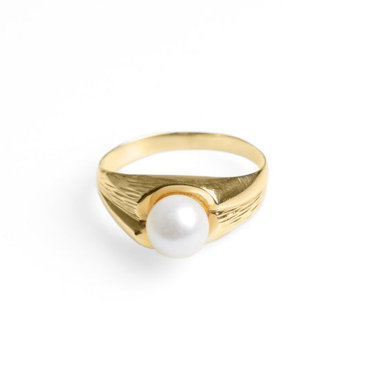 Vintage 9ct Yellow Gold & Cultured Pearl Ring Textured Band Ladies Size O (Code A613)