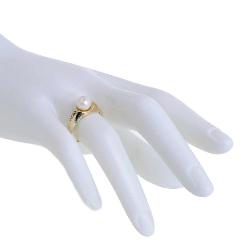Vintage 9ct Yellow Gold & Cultured Pearl Ring Textured Band Ladies Size O (Code A613)