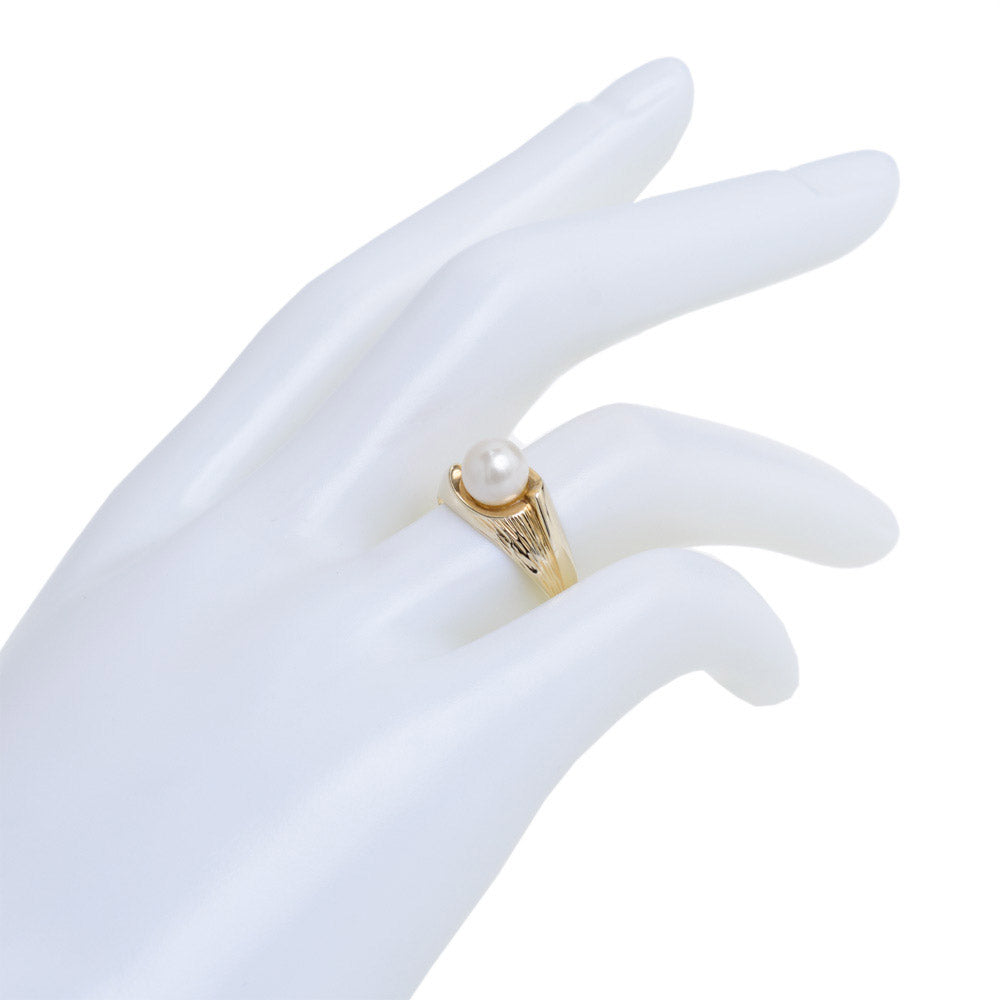 Vintage 9ct Yellow Gold & Cultured Pearl Ring Textured Band Ladies Size O (Code A613)