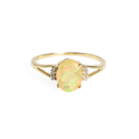 9ct Gold Facet Cut Welo Opal & Diamond Ring TGGC Hallmarked 2012 Size R (Code A628)