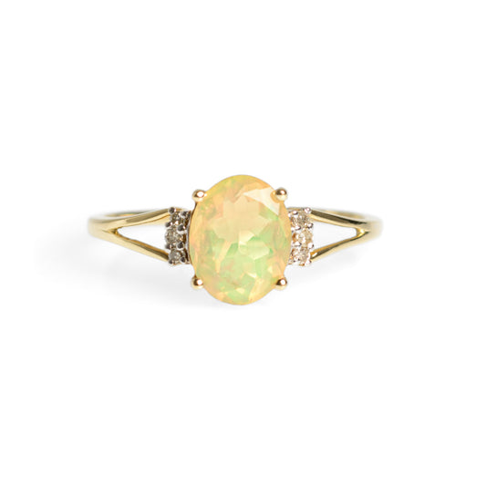 9ct Gold Facet Cut Welo Opal & Diamond Ring TGGC Hallmarked 2012 Size R (Code A628)