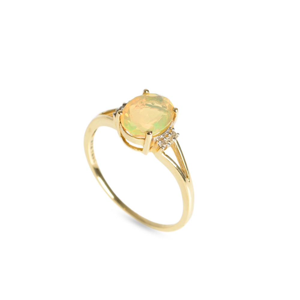 9ct Gold Facet Cut Welo Opal & Diamond Ring TGGC Hallmarked 2012 Size R (Code A628)