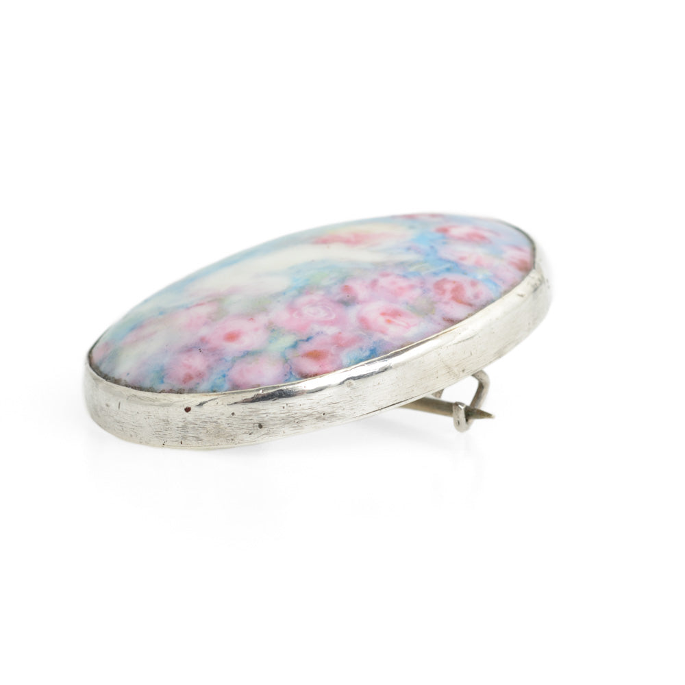 Antique Hand Painted Porcelain & Silver Brooch Rococo Impressionist Child & Rosea (Code A641)
