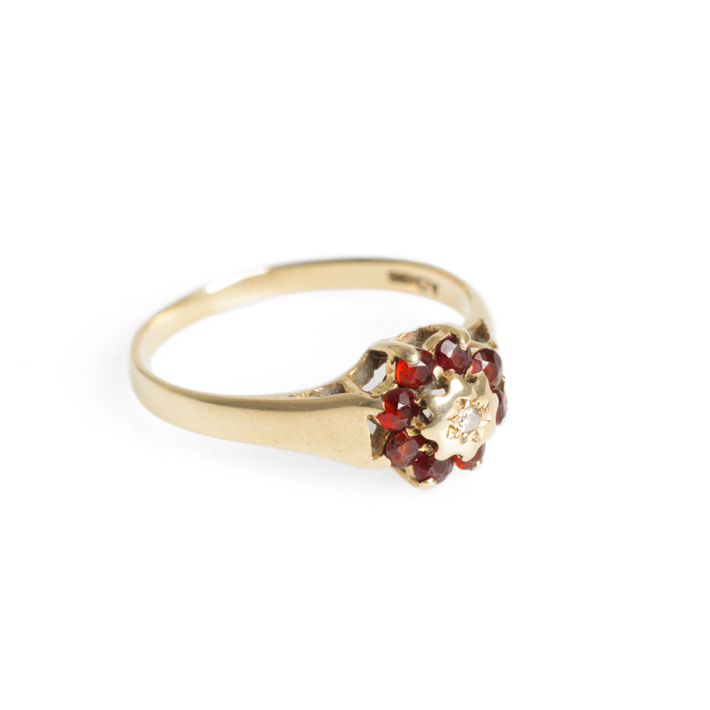 Vintage 9ct Gold Diamond & Red Glass Stones Cluster Ring Hallmarked B'ham 1981 (Code A651)