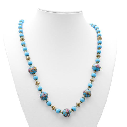 Vintage Murano Wedding Cake Glass Bead Blue Necklace With Aventurine Decoration (Code A666)