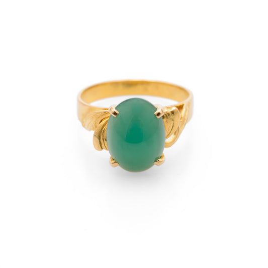 Vintage 23K Yellow Gold & Green Chrysoprase Cabochon Ring Size M1/2 (Code A680)