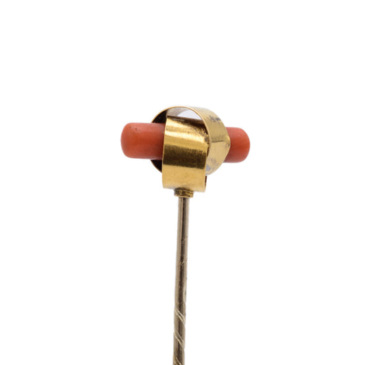 Antique 18ct & 9ct Gold Stick Pin With Natural Red Coral Lozenge (Code A685)