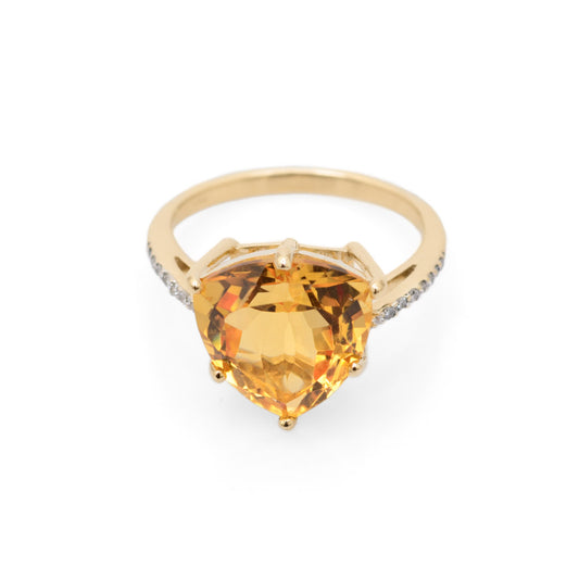 9ct Gold Trilliant Citrine & Diamond Shoulder Set Ring Hallmarked B'ham 2008 (Code A696)
