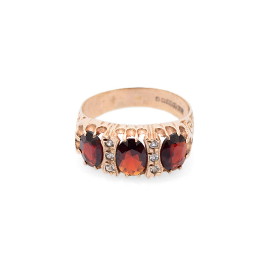 Vintage 9ct Gold Ring Victorian Design With Large Garnets & White Topaz Accents (Code A699)