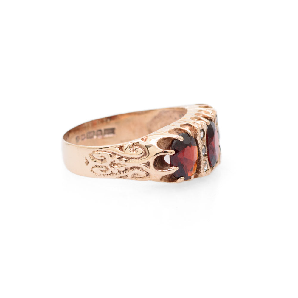 Vintage 9ct Gold Ring Victorian Design With Large Garnets & White Topaz Accents (Code A699)