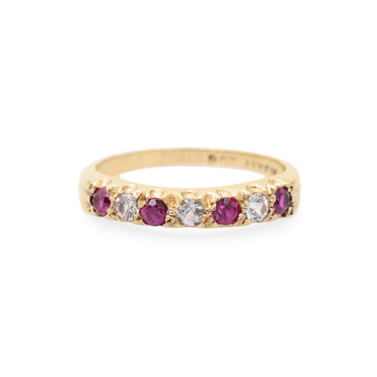 Vintage 9ct Gold Ruby & Rock Crystal Quartz Half Eternity Ring Ladies Size O (Code A731)