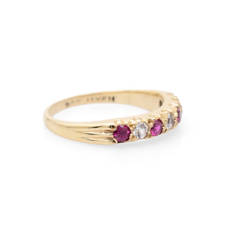 Vintage 9ct Gold Ruby & Rock Crystal Quartz Half Eternity Ring Ladies Size O (Code A731)