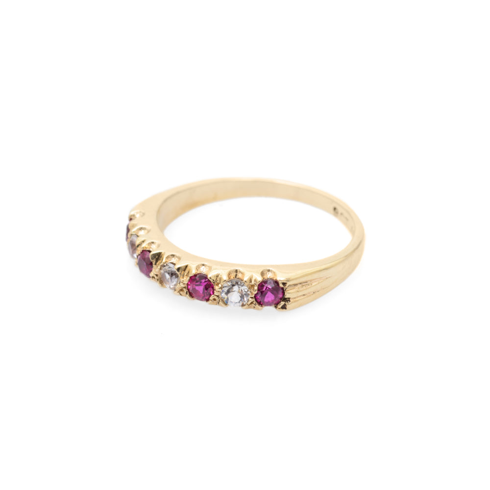 Vintage 9ct Gold Ruby & Rock Crystal Quartz Half Eternity Ring Ladies Size O (Code A731)