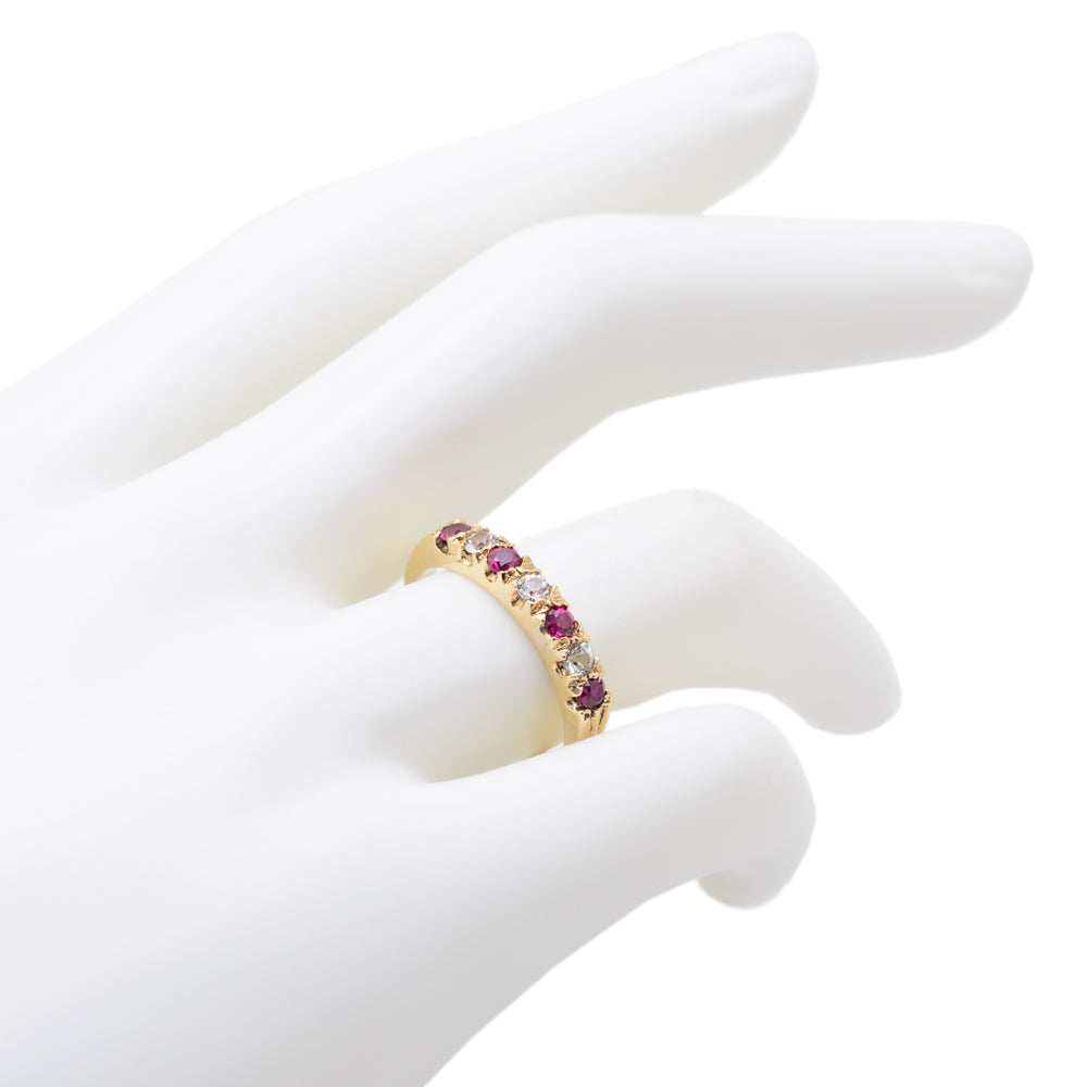 Vintage 9ct Gold Ruby & Rock Crystal Quartz Half Eternity Ring Ladies Size O (Code A731)