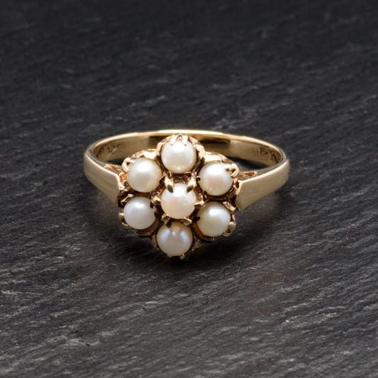 Antique/Vintage 9ct Gold & Pearl Flower Cluster Ring Size O US Size 7.25 (Code A732)