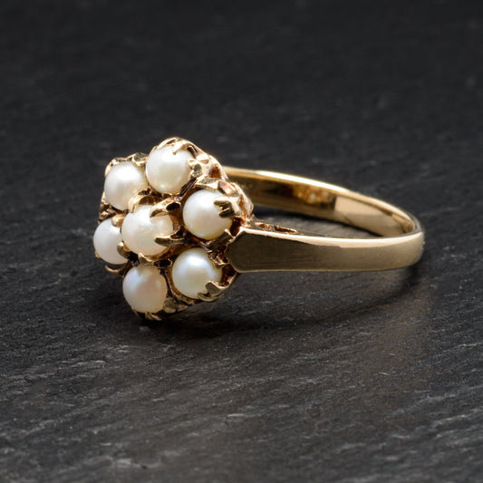 Antique/Vintage 9ct Gold & Pearl Flower Cluster Ring Size O US Size 7.25 (Code A732)