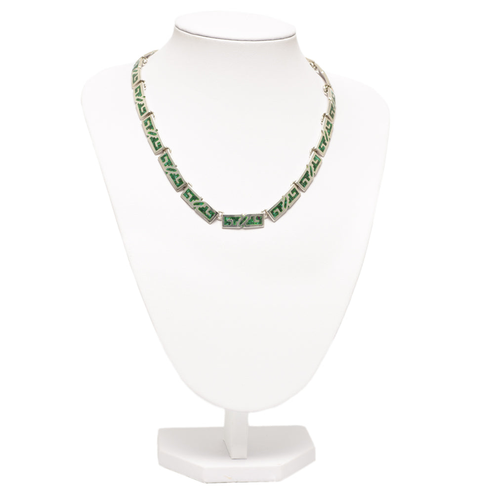 Vintage Sterling Silver Mexican Taxco Necklace With Malachite Inlay Panels (Code A739)