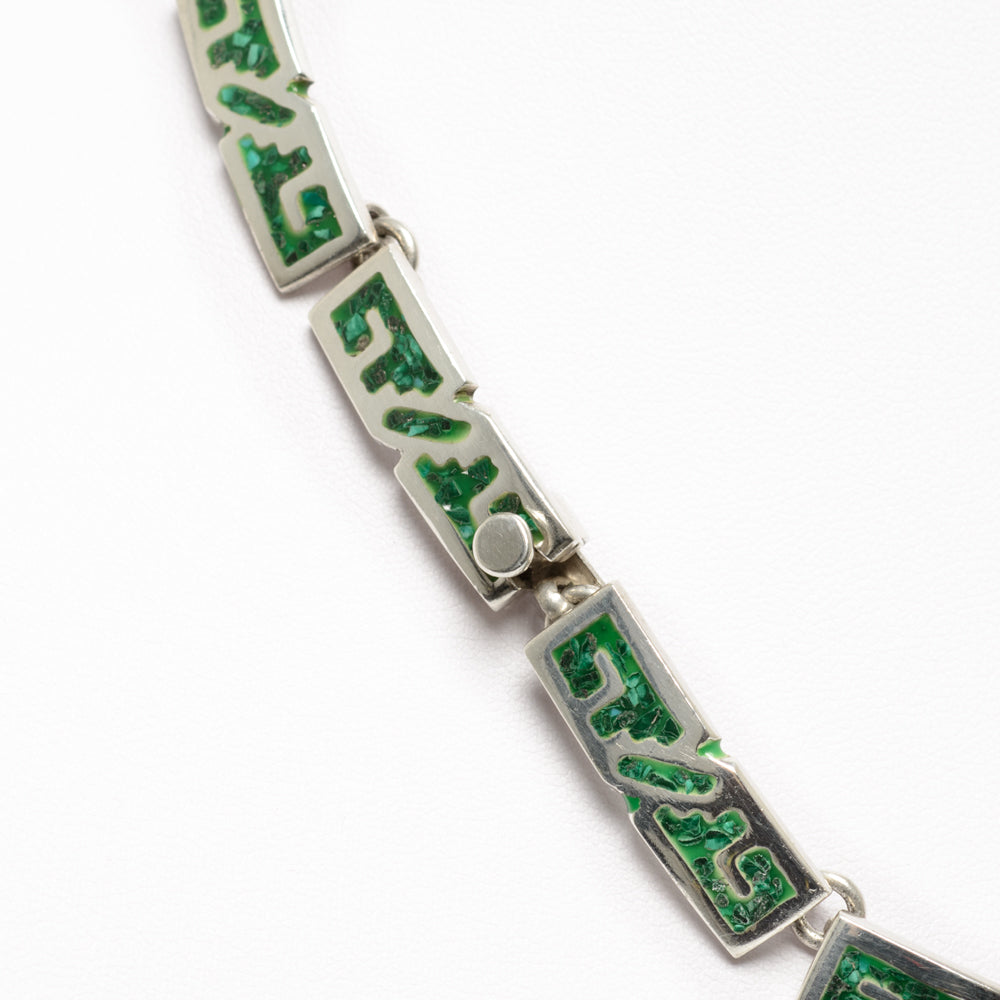Vintage Sterling Silver Mexican Taxco Necklace With Malachite Inlay Panels (Code A739)