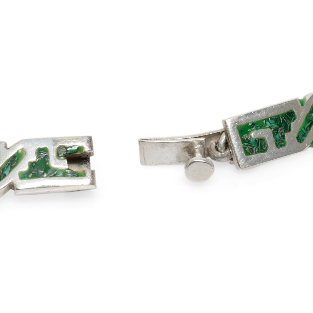 Vintage Sterling Silver Mexican Taxco Necklace With Malachite Inlay Panels (Code A739)