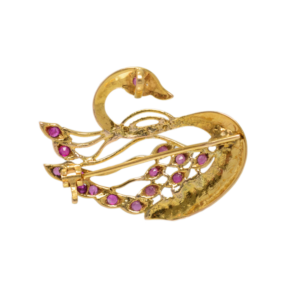 Antique 22ct Gold & Natural Ruby Set Swan Brooch/Pendant c.1920 (Code A742)