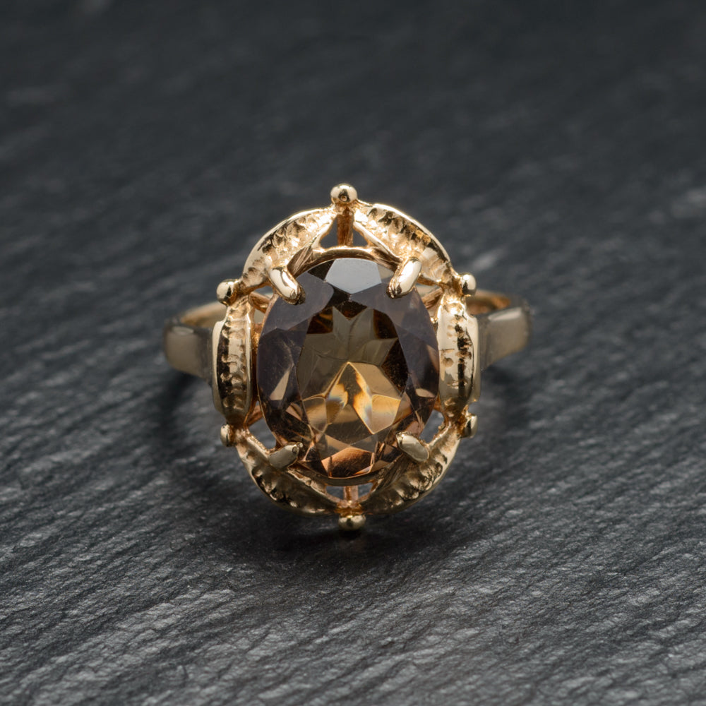 Vintage 9ct Gold Smoky Quartz Ring With Decorative Mount Birmingham Hallmark 1979 Size O1/2 (Code A745)