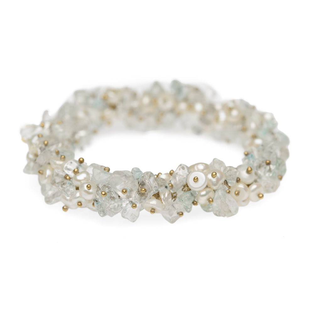 Vintage Elasticated Bracelet With Cultured Pearls, Topaz, And Quartz Tumbled Polished Chips (Code A748)
