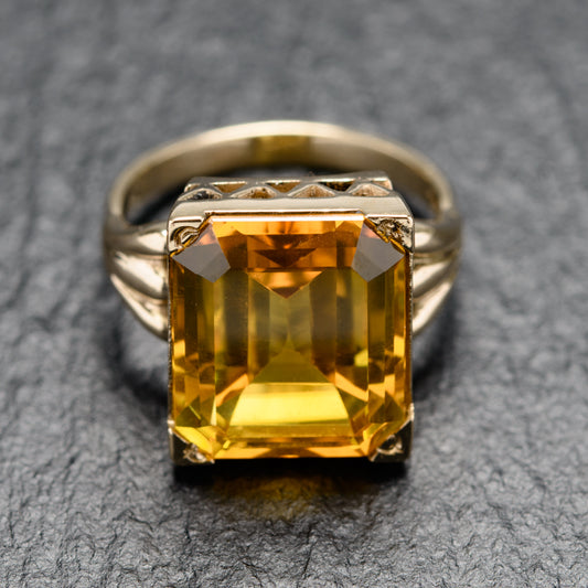 Vintage 9ct Gold & Gorgeous 12.5ct Orange Sapphire Emerald Cut Ring Size M (Code A763)