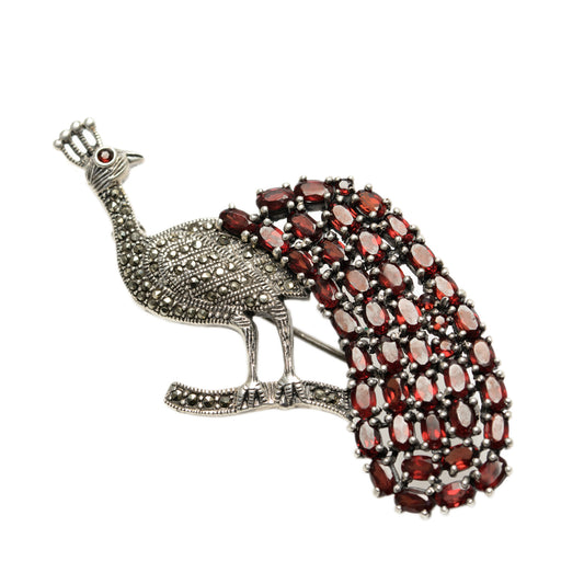 Art Deco Sterling Silver & Garnet Peacock Bird Vintage Large Brooch c.1940 (Code A794)