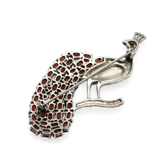 Art Deco Sterling Silver & Garnet Peacock Bird Vintage Large Brooch c.1940 (Code A794)