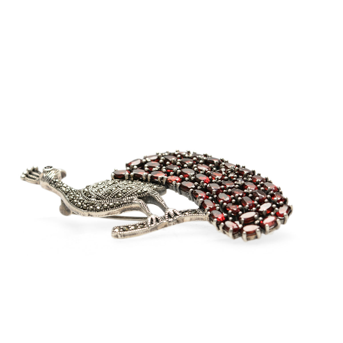 Art Deco Sterling Silver & Garnet Peacock Bird Vintage Large Brooch c.1940 (Code A794)