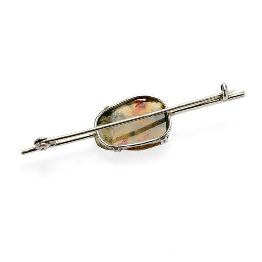 Antique Art Deco Silver & Moss Agate Bar Brooch / Pin c.1920 (Code A801)