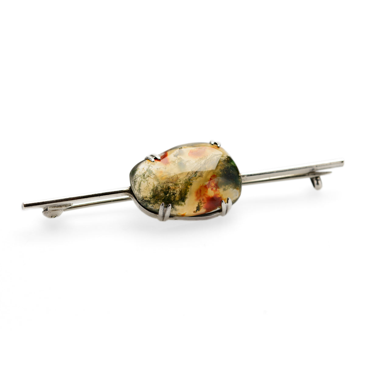Antique Art Deco Silver & Moss Agate Bar Brooch / Pin c.1920 (Code A801)