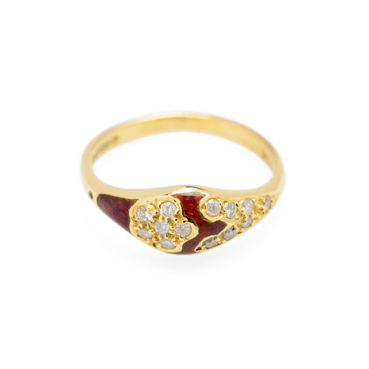 Vintage 18ct Gold Diamond & Red Enamel Elegant Ladies Ring Size L (Code A854)