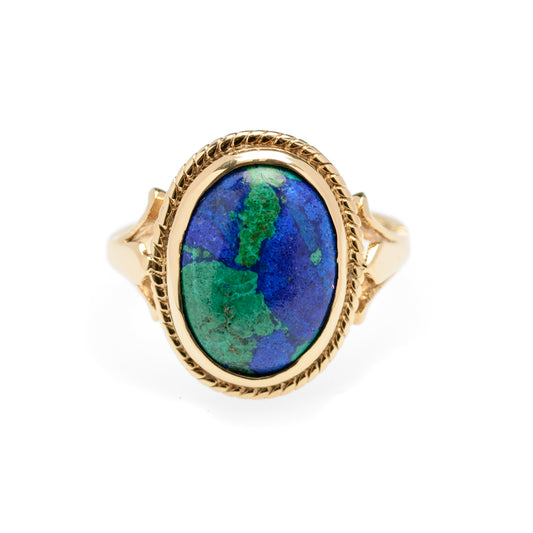 Vintage 9ct Gold & Azurite Polished Cabochon Statement Ring UK Size K1/2 (Code A883)