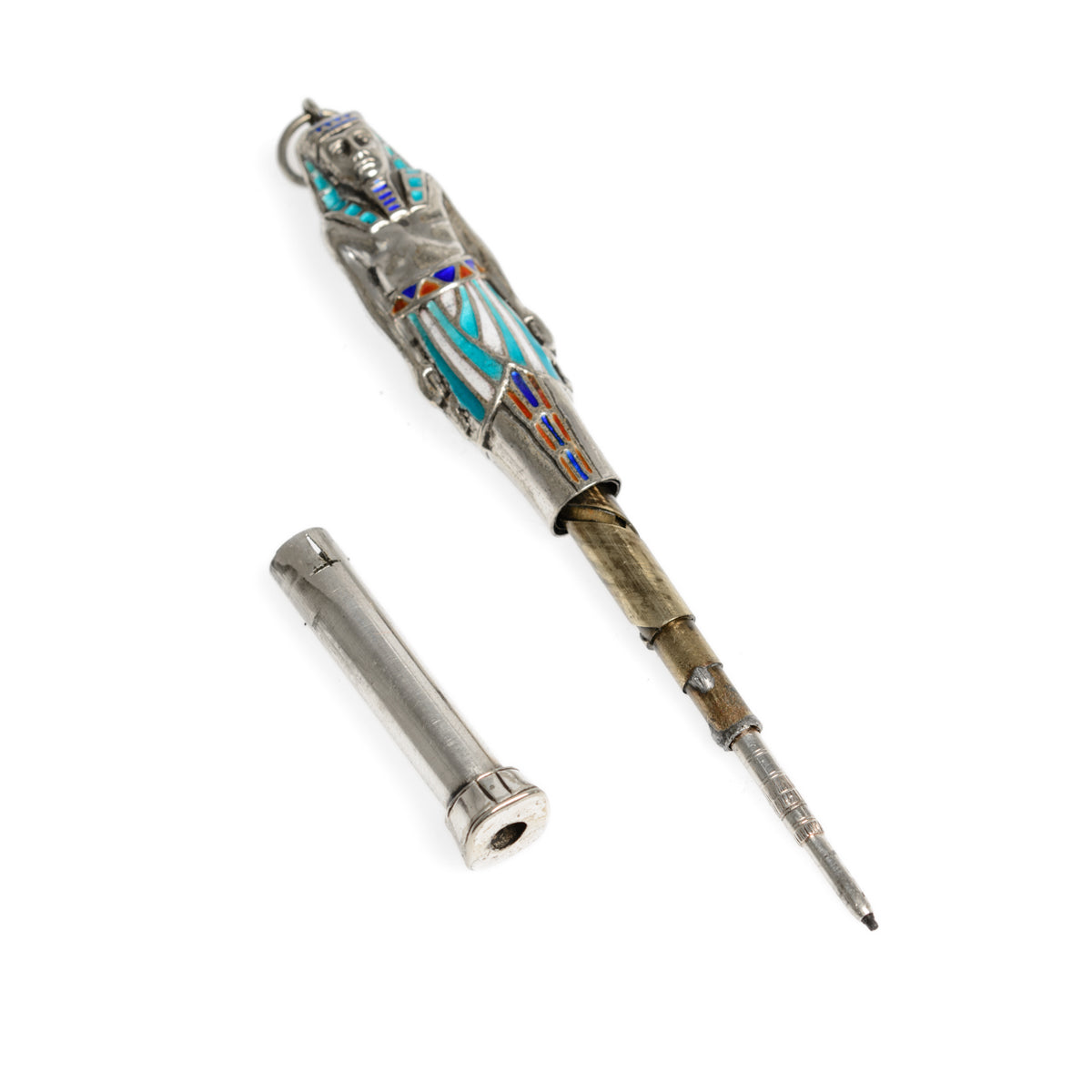 Art Deco Egyptian Revival Silver & Enamel Novelty Propelling Pencil Pendant/Fob (Code A893)