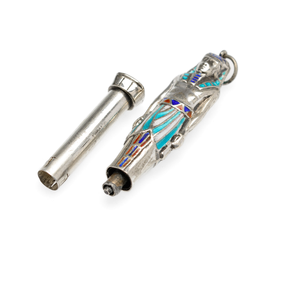Art Deco Egyptian Revival Silver & Enamel Novelty Propelling Pencil Pendant/Fob (Code A893)