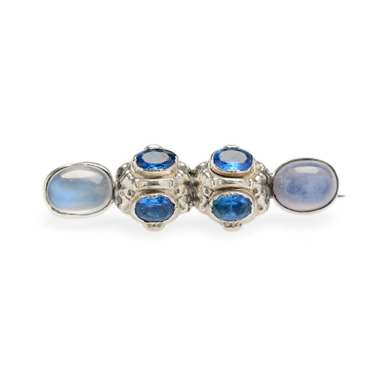 Antique Victorian Moonstone, Silver & Blue Paste Gem Brooch (Code A894)