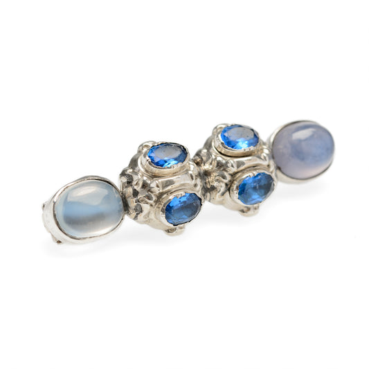 Antique Victorian Moonstone, Silver & Blue Paste Gem Brooch (Code A894)