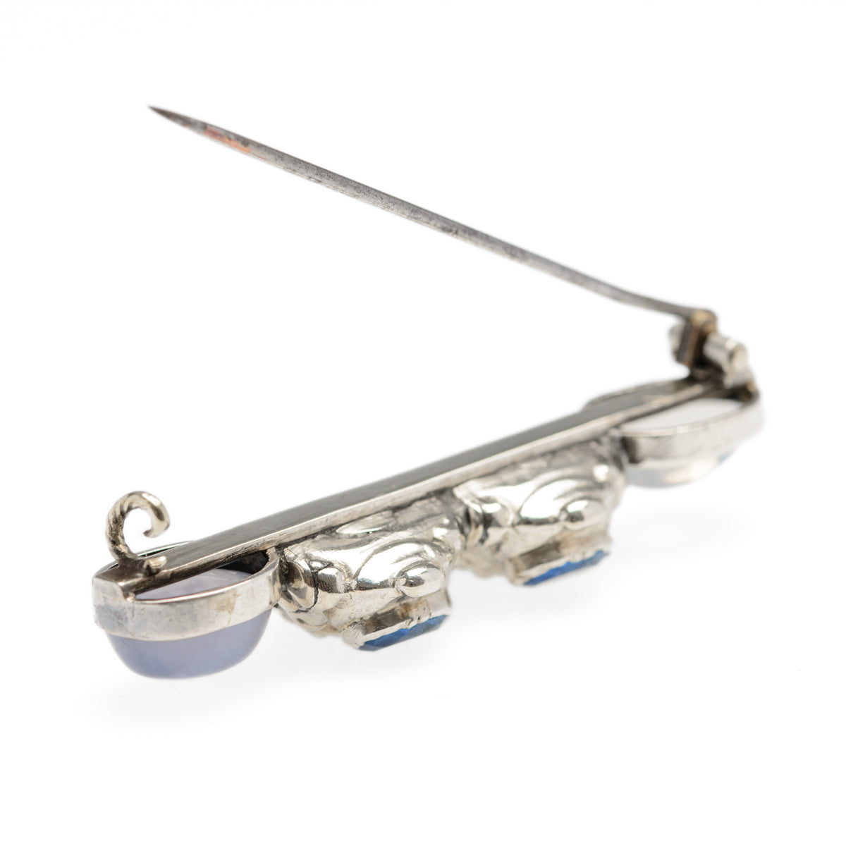 Antique Victorian Moonstone, Silver & Blue Paste Gem Brooch (Code A894)