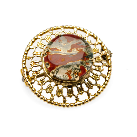 Vintage Mid Century Scottish 9ct Gold & Moss Agate Cabochon Brooch Edinburgh (Code A899)