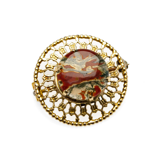 Vintage Mid Century Scottish 9ct Gold & Moss Agate Cabochon Brooch Edinburgh (Code A899)
