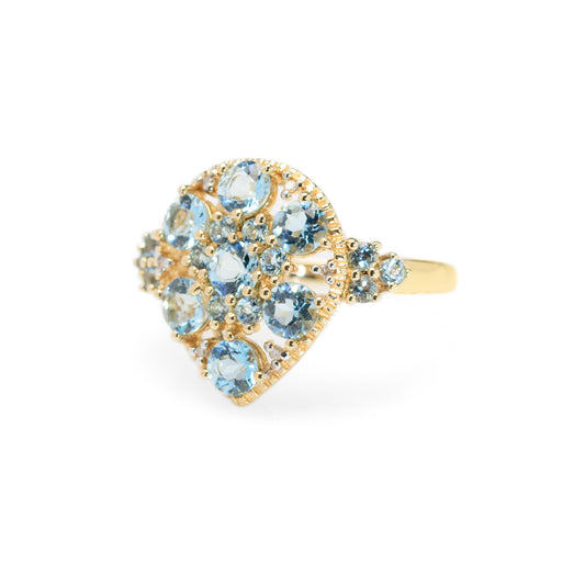 9ct Gold Cocktail Ring With Aquamarines & Diamonds In Teardrop Mount Birmingham Hallmark 2008 (Code A956)