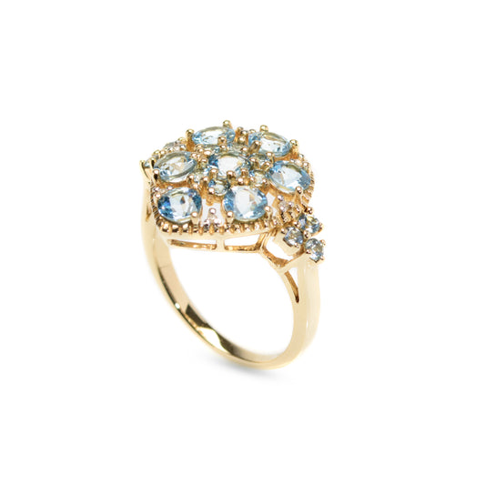 9ct Gold Cocktail Ring With Aquamarines & Diamonds In Teardrop Mount Birmingham Hallmark 2008 (Code A956)