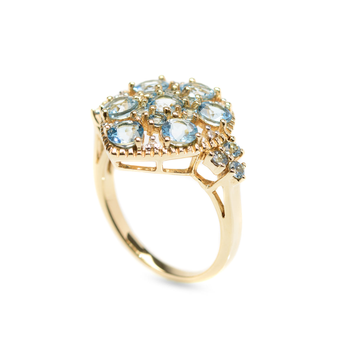 9ct Gold Cocktail Ring With Aquamarines & Diamonds In Teardrop Mount Birmingham Hallmark 2008 (Code A956)